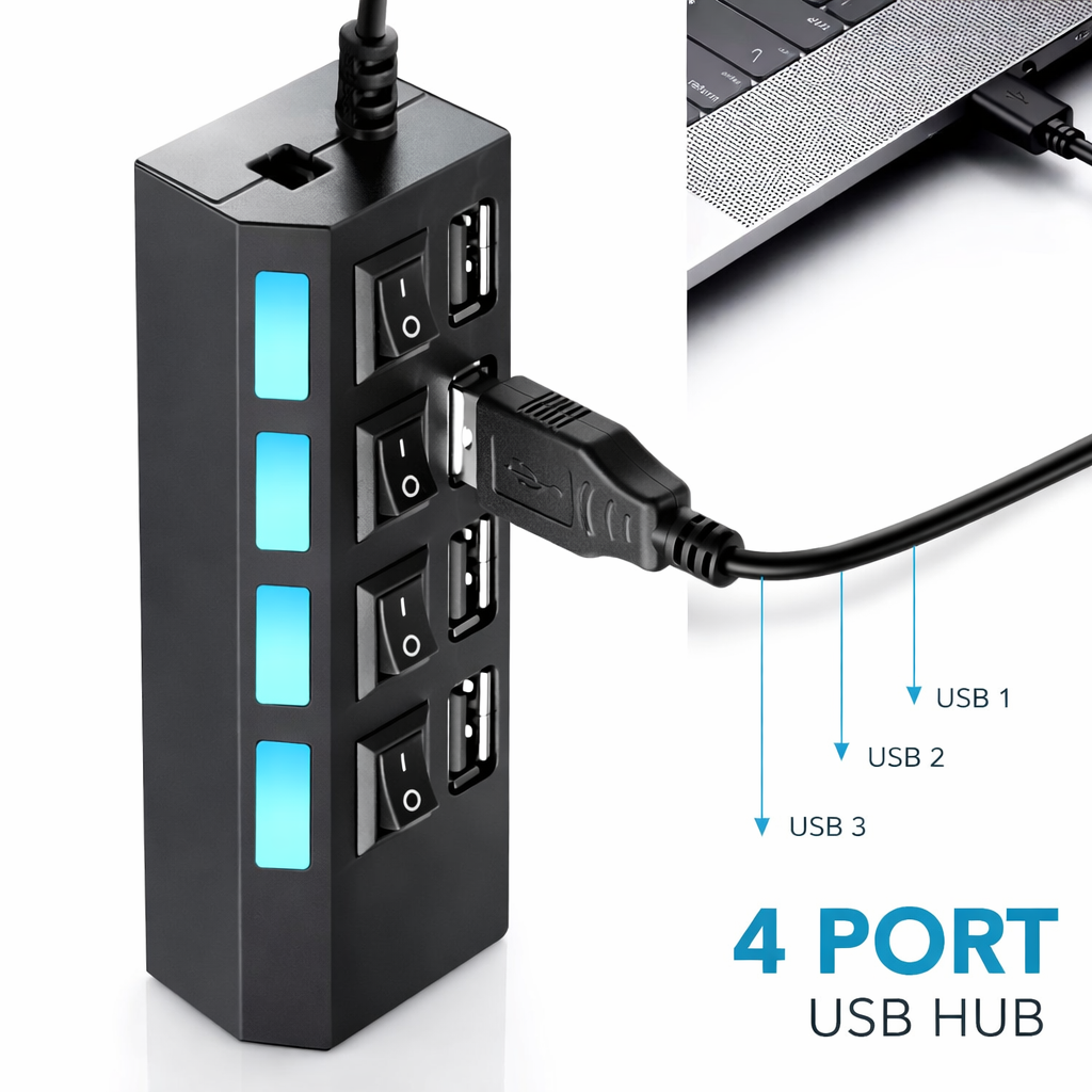 Technotech USB Hub 2.0 Multi USB Port 4 Ports USB Hub High Speed with on/Off Switch USB Splitter Switch for PC Computer Accessories (Black/White) Technotech Technologies