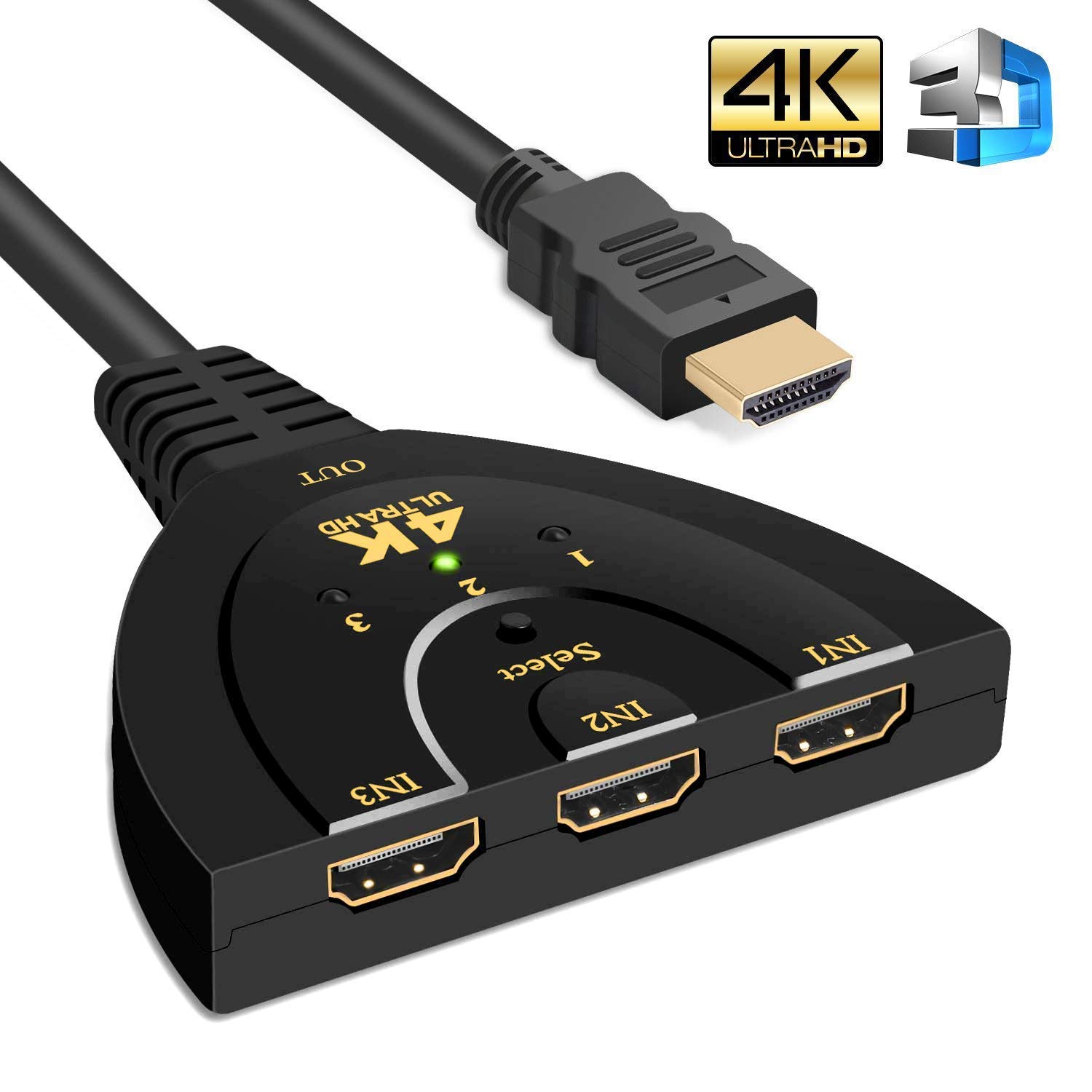 Technotech 3 Port 4K HDMI Switch 3x1 Switch Splitter with Pigtail Cable