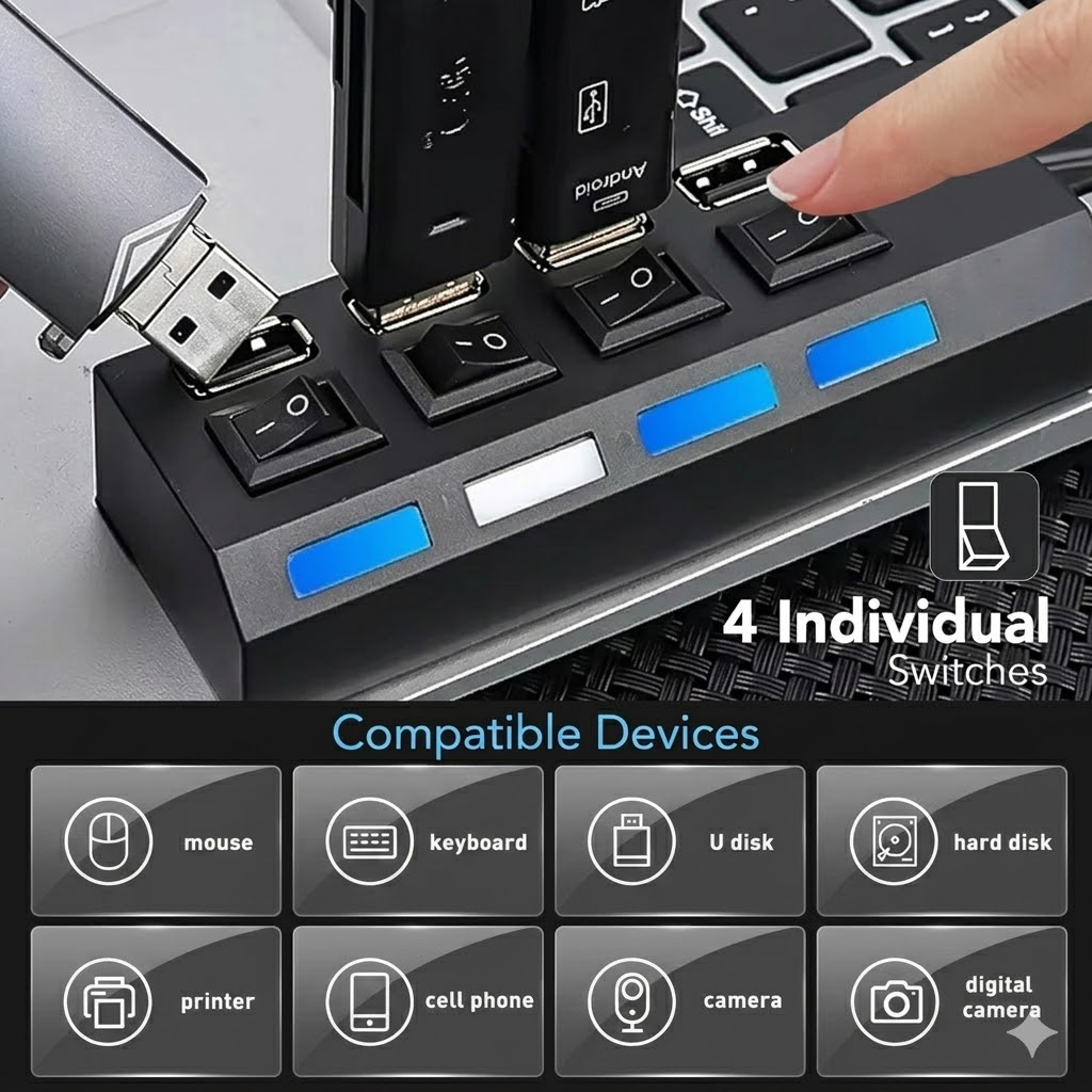 Technotech USB Hub 2.0 Multi USB Port 4 Ports USB Hub High Speed with on/Off Switch USB Splitter Switch for PC Computer Accessories (Black/White) Technotech Technologies