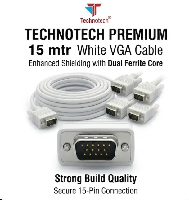 Technotech 15 Meter VGA Cable 15 Pin Male to Male VGA Cable VGA to VGA Cable Lead for PC Monitor Tv LCD Plasma Projector TFT Cable TV-Out Cable Technotech Technologies
