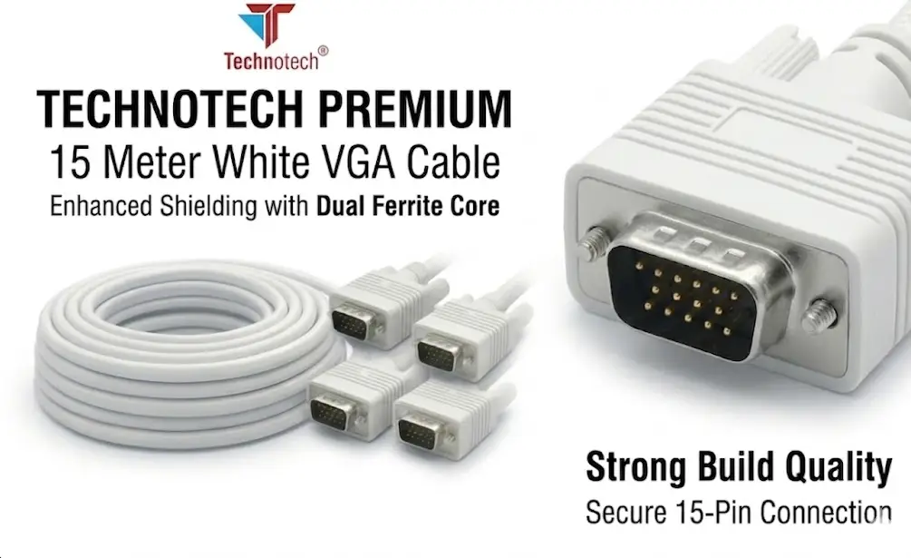 Technotech 15 Meter VGA Cable 15 Pin Male to Male VGA Cable VGA to VGA Cable Lead for PC Monitor Tv LCD Plasma Projector TFT Cable TV-Out Cable Technotech Technologies