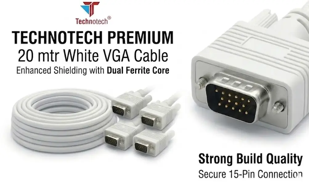 Technotech 20 Meter VGA Cable 15 Pin Male to Male VGA Cable VGA to VGA Cable Lead for PC Monitor Tv LCD Plasma Projector TFT Cable TV-Out Cable Technotech Technologies