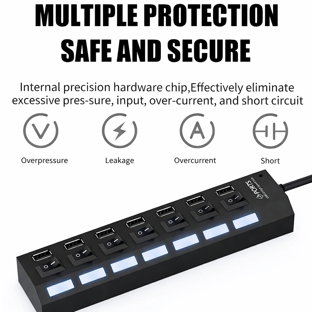 Technotech 7 Port USB 2.0 Hub with Individual Switches (Black) Technotech Technologies