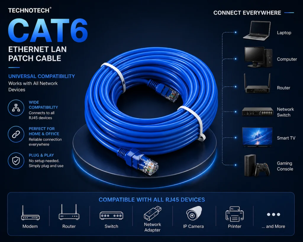 Technotech Cat6 Ethernet Lan Patch Cable (20 Meter, Blue) Technotech Technologies