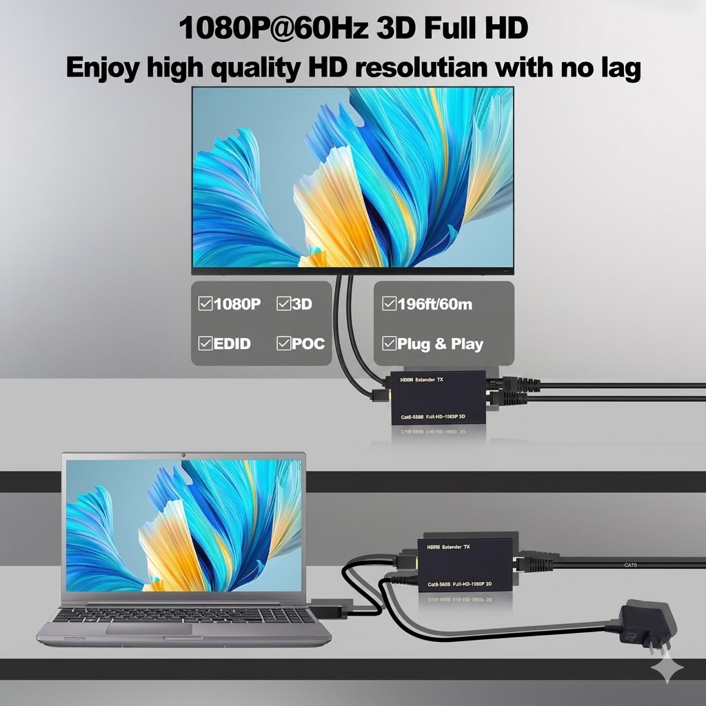 Technotech HDMI Metal HDMI Extender 60MTR – Transmitter, Sender, and Receiver over Cat5/Cat6 with Power Adapter, Supports 3D and Full HD1080p Technotech Technologies