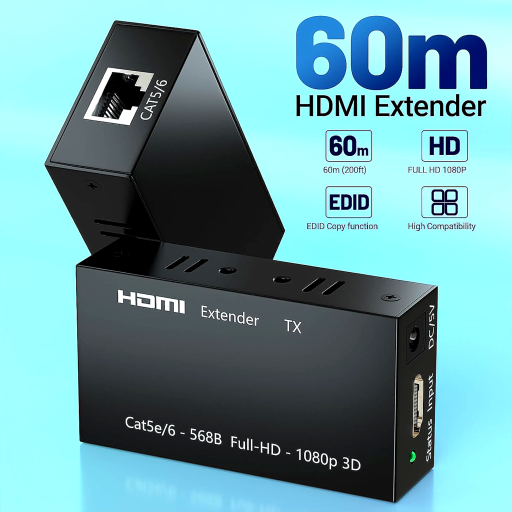 Technotech HDMI Metal HDMI Extender 60MTR – Transmitter, Sender, and Receiver over Cat5/Cat6 with Power Adapter, Supports 3D and Full HD1080p Technotech Technologies