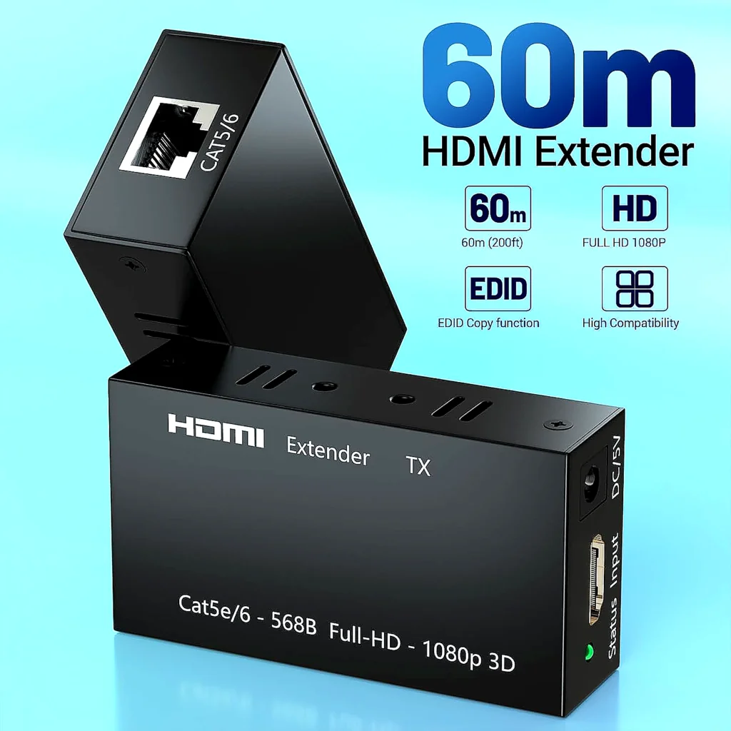 Technotech HDMI Metal HDMI Extender 60MTR – Transmitter, Sender, and Receiver over Cat5/Cat6 with Power Adapter, Supports 3D and Full HD1080p Technotech Technologies