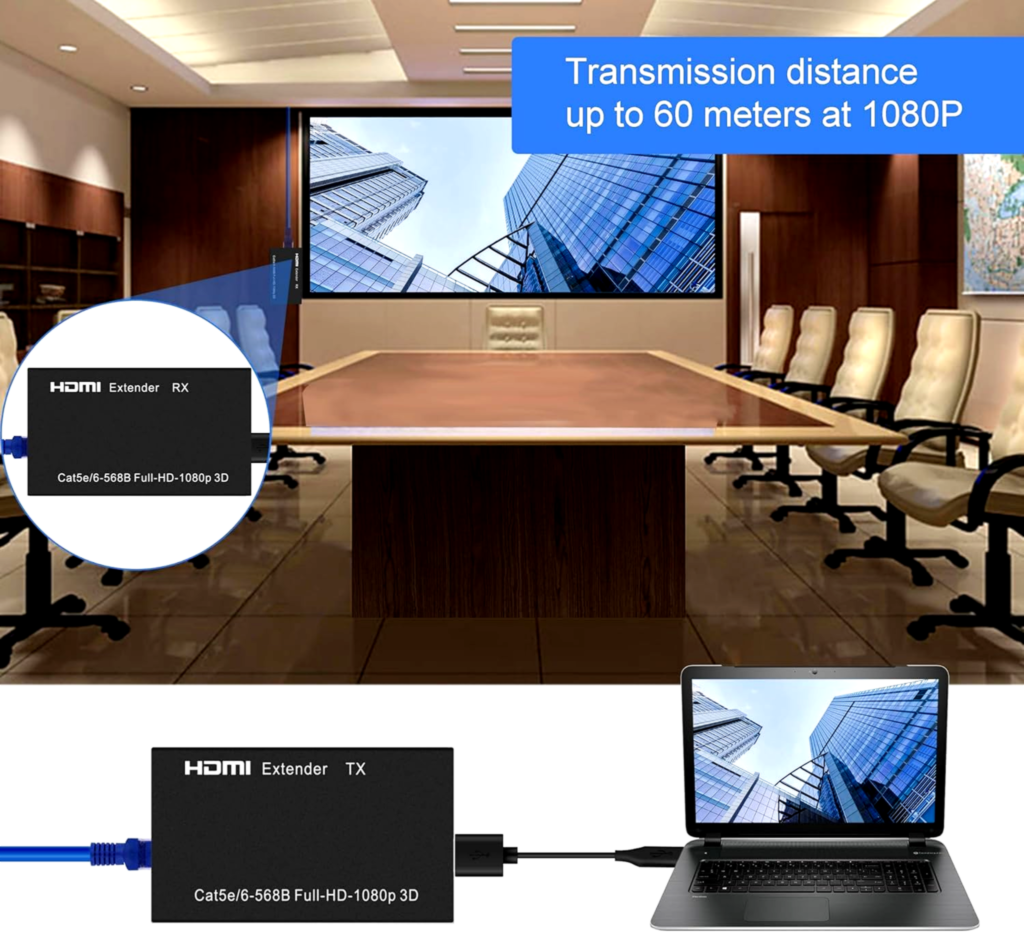 Technotech HDMI Metal HDMI Extender 60MTR – Transmitter, Sender, and Receiver over Cat5/Cat6 with Power Adapter, Supports 3D and Full HD1080p Technotech Technologies