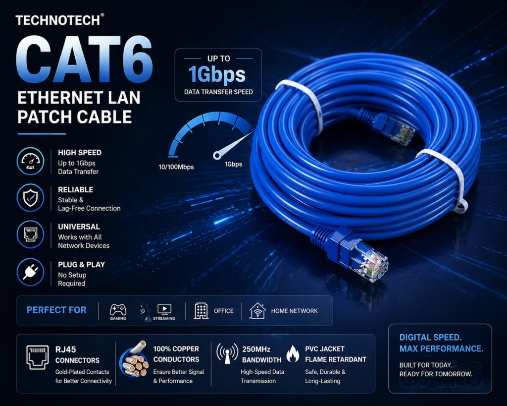 Technotech Cat6 Ethernet Lan Patch Cable (20 Meter, Blue) Technotech Technologies