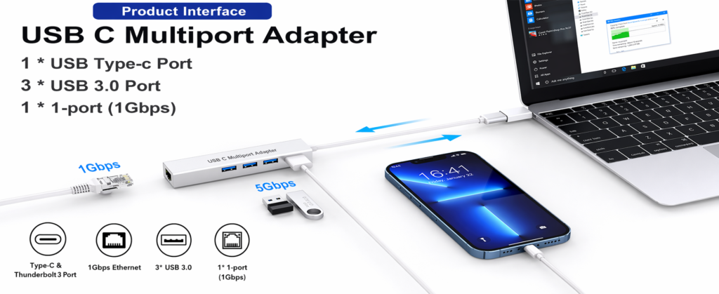 Type-C to Ethernet Adapter with 3 USB 3.0 Ports – Multiport Hub Technotech Technologies