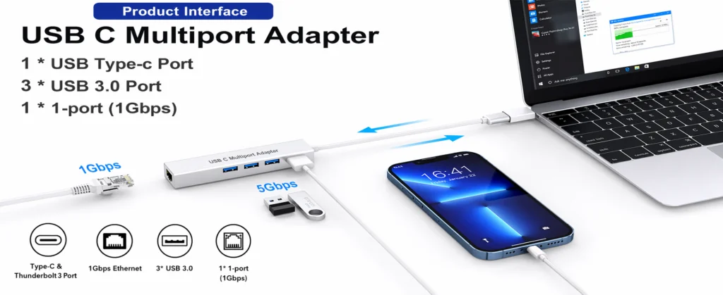 Type-C to Ethernet Adapter with 3 USB 3.0 Ports – Multiport Hub Technotech Technologies