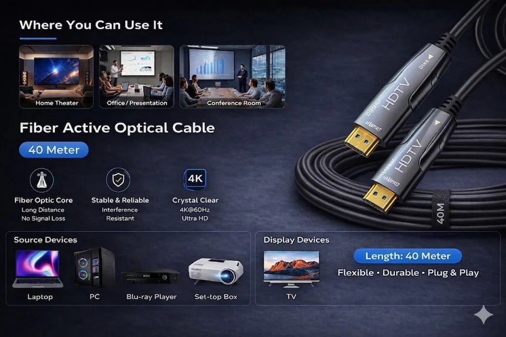 Fiber Active Optical Cable | 40 Meter Ultimate High-Speed HDMI 2.0 for 4K & 8K UHD Ultra HD Performance Technotech Technologies
