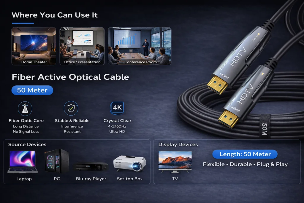 Fiber Active Optical Cable | 50 Meter High-Speed HDMI 2.0 for 4K & 8K UHD Ultra HD Performance Technotech Technologies