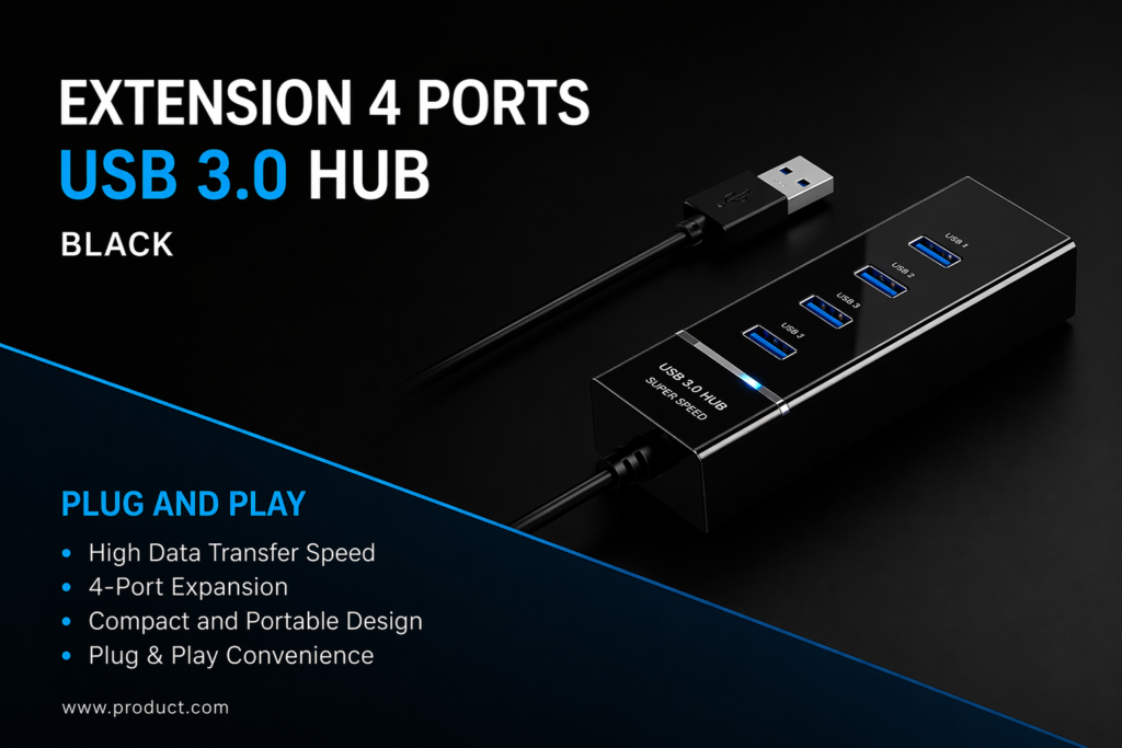 Premium USB 3.0 Hub 4-Port 5Gbps SuperSpeed with Blue LED, Fuse Protection & 30CM Cable Technotech Technologies