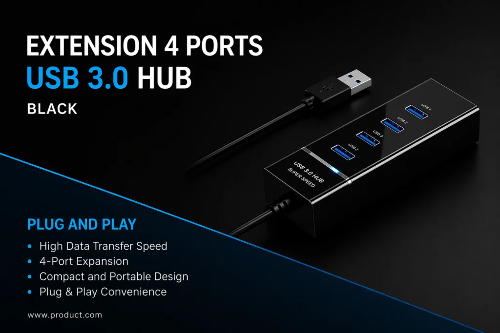 Premium USB 3.0 Hub 4-Port 5Gbps SuperSpeed with Blue LED, Fuse Protection & 30CM Cable Technotech Technologies