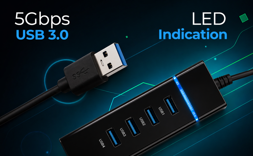 Premium USB 3.0 Hub 4-Port 5Gbps SuperSpeed with Blue LED, Fuse Protection & 1.2M Cable Technotech Technologies