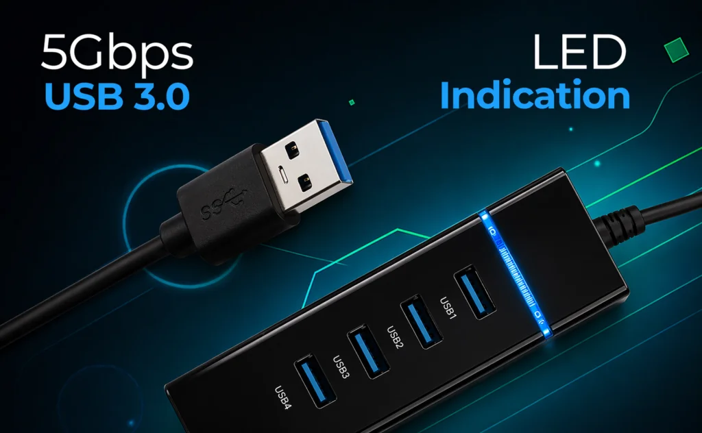 Premium USB 3.0 Hub 4-Port 5Gbps SuperSpeed with Blue LED, Fuse Protection & 1.2M Cable Technotech Technologies