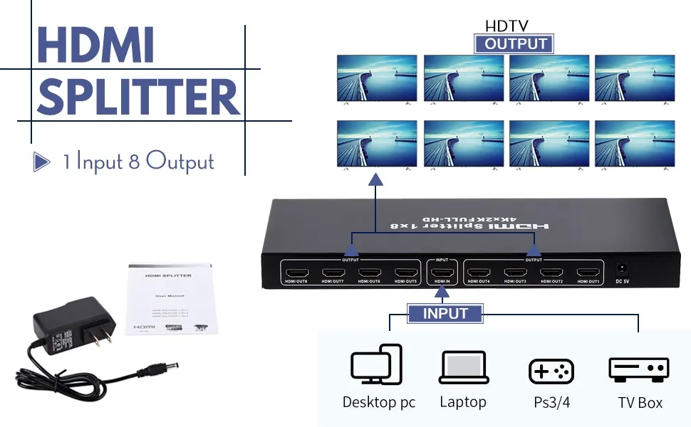 1x8 HDMI Splitter 4K – 8 Port HDMI 1 in 8 Out Ultra HD HDMI 1.4 Technotech Technologies