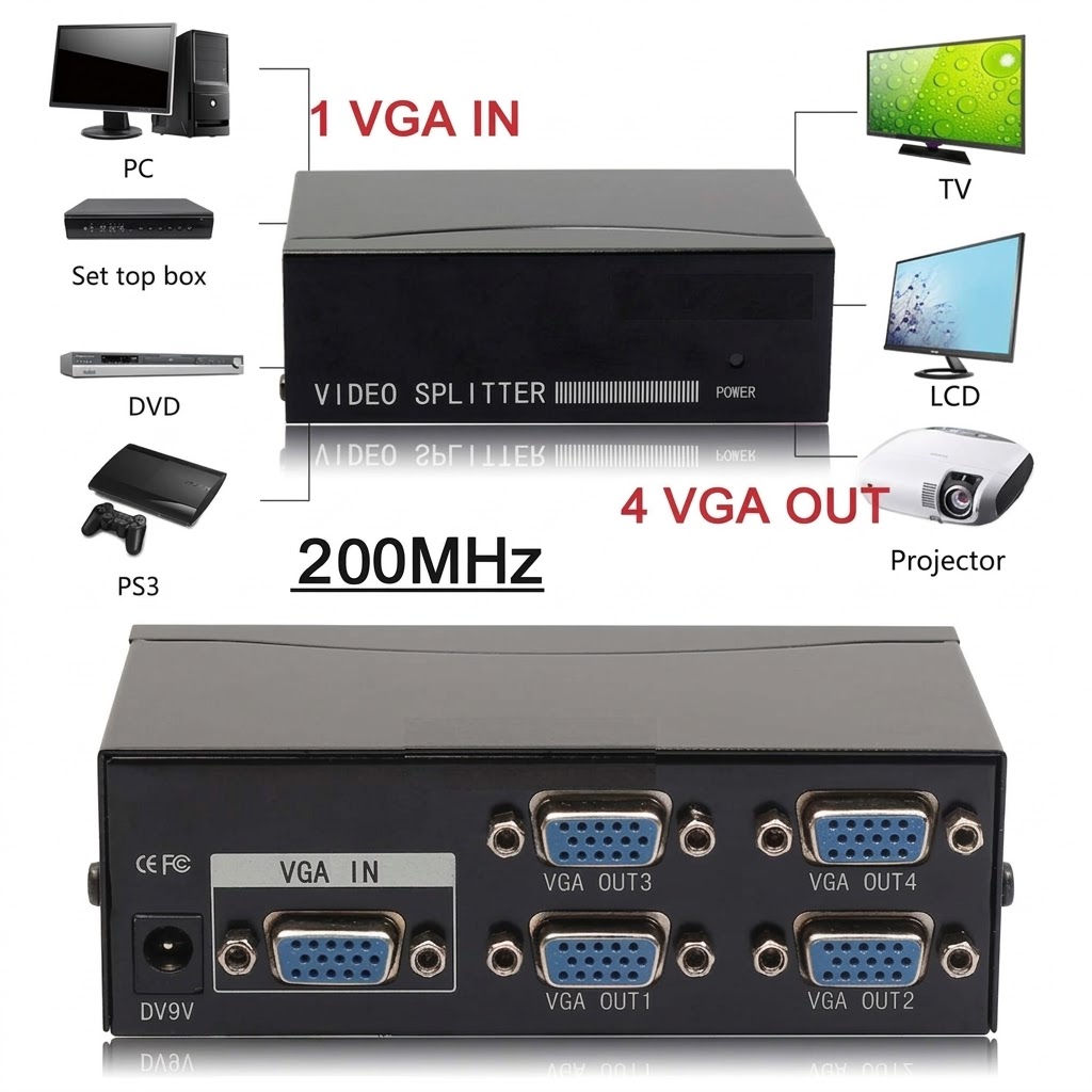 Technotech 4 Port VGA Splitter 200MHz – 1x4 VGA Video Splitter for Monitor & Projector Technotech Technologies