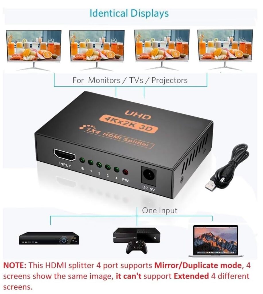 1x4 HDMI Splitter 1080P – High Speed HDMI Splitter 1 Input 4 Output for TV, Monitor, Projector Technotech Technologies