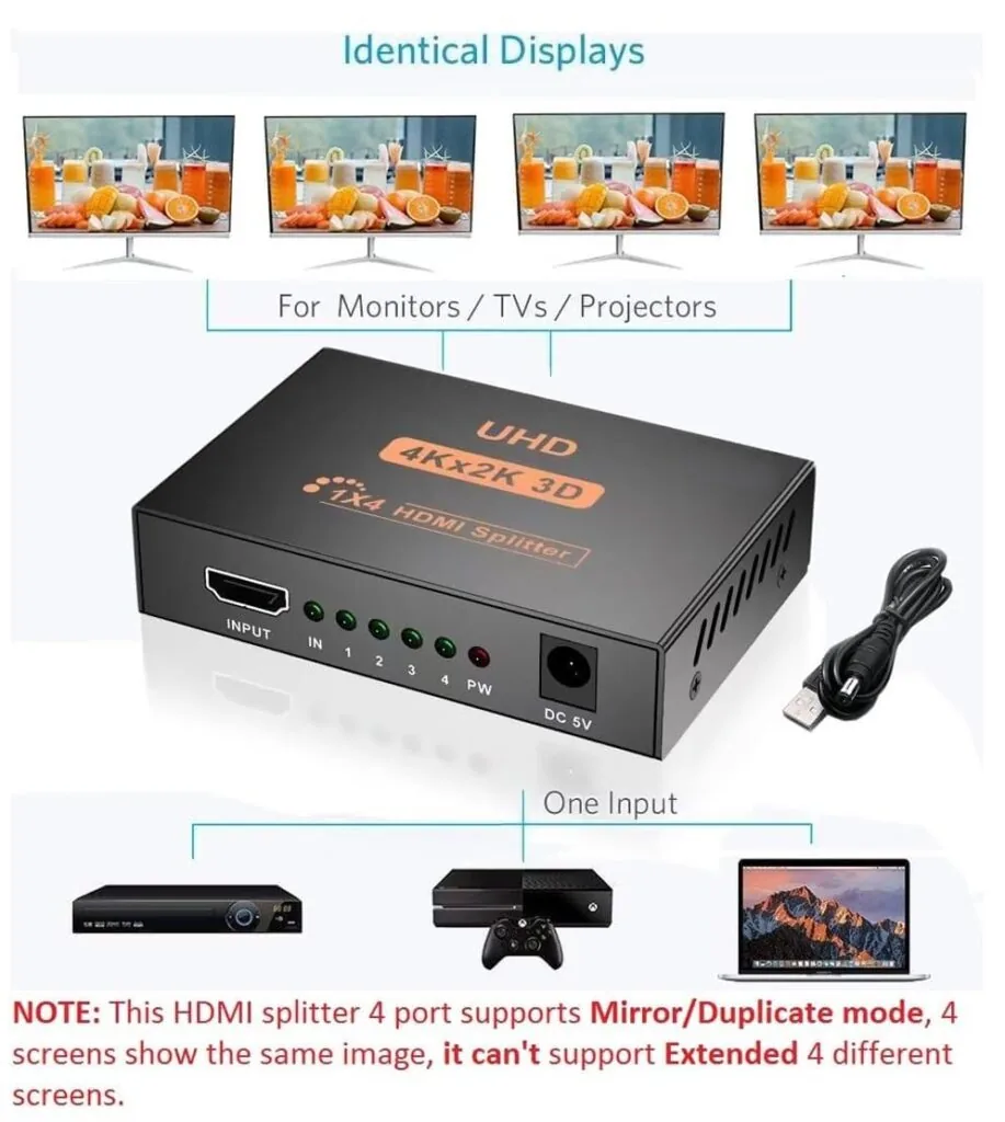 1x4 HDMI Splitter 1080P – High Speed HDMI Splitter 1 Input 4 Output for TV, Monitor, Projector Technotech Technologies