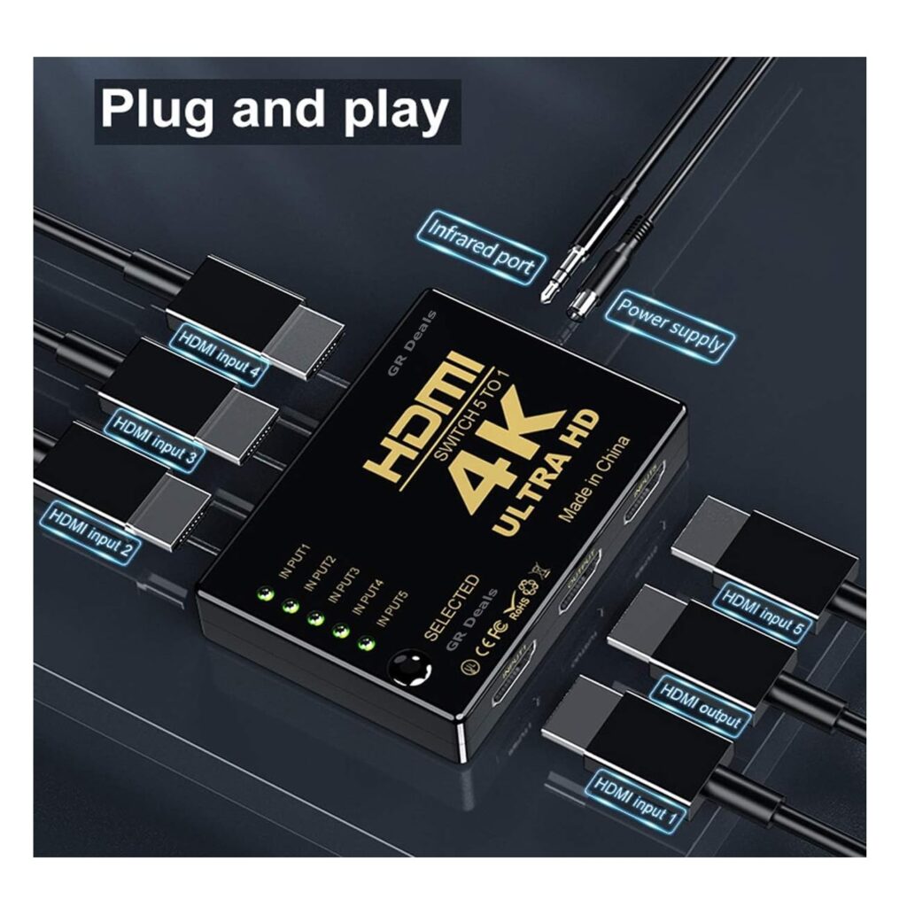 Powerful 5-Way HDMI Switch 4K – 5 In 1 Out HDMI Switcher with IR Remote Control Technotech Technologies