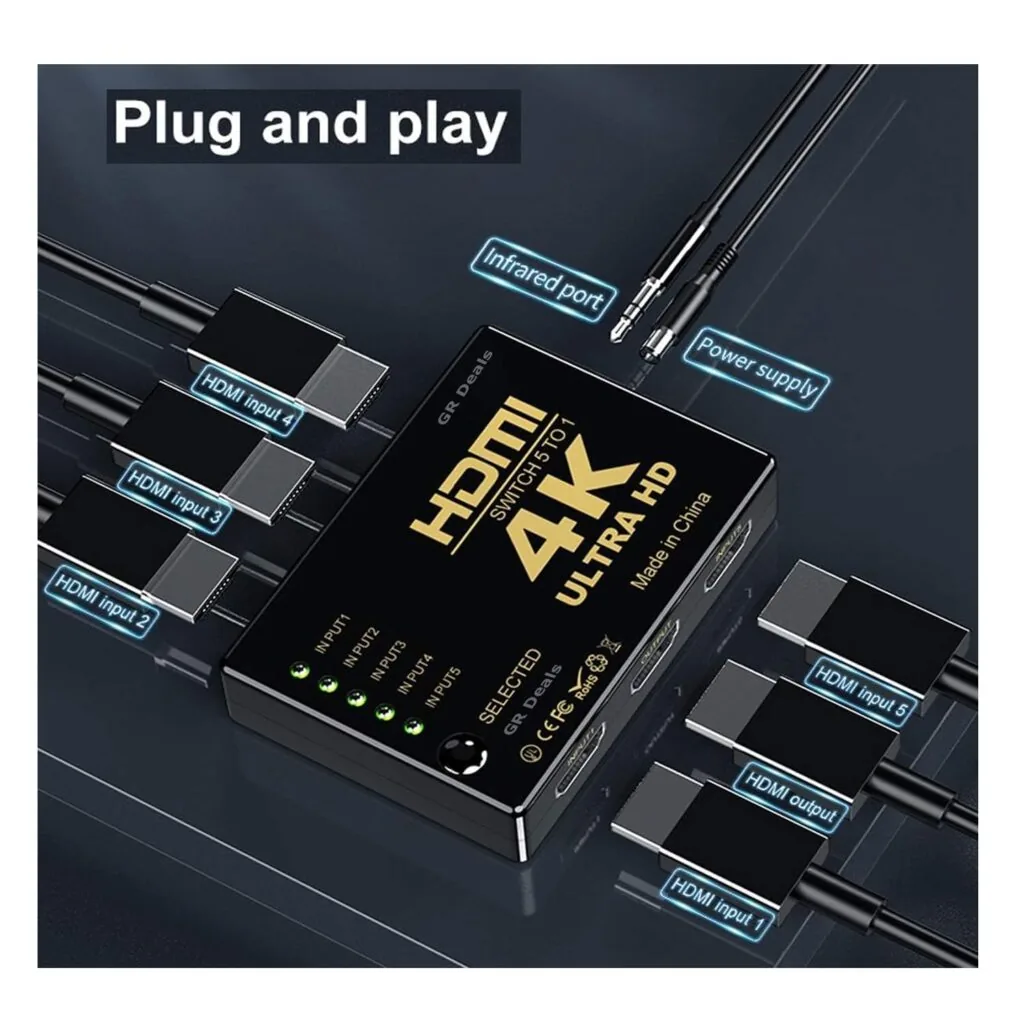 Powerful 5-Way HDMI Switch 4K – 5 In 1 Out HDMI Switcher with IR Remote Control Technotech Technologies