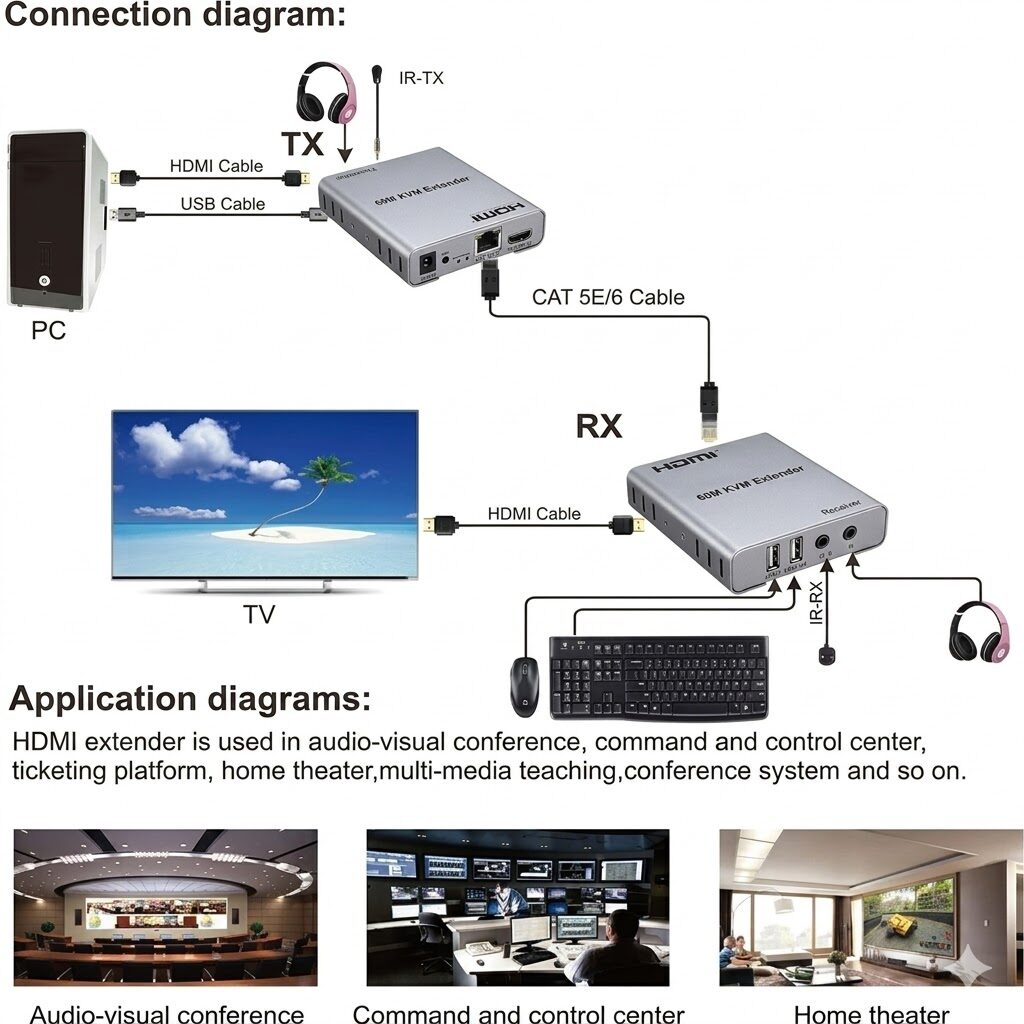 HDMI Extender 60 MTR with KVM – Ultimate Long Distance 1080P Extender Technotech Technologies