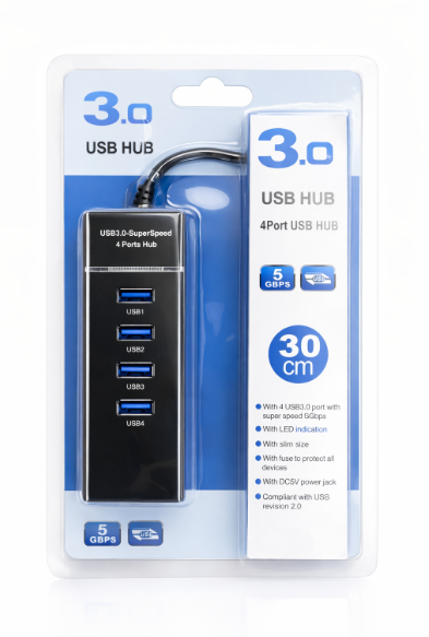 Premium USB 3.0 Hub 4-Port 5Gbps SuperSpeed with Blue LED, Fuse Protection & 30CM Cable