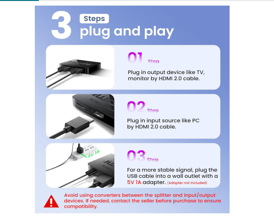 hdmi splitter 1 in 2 out 4k for dual monitors