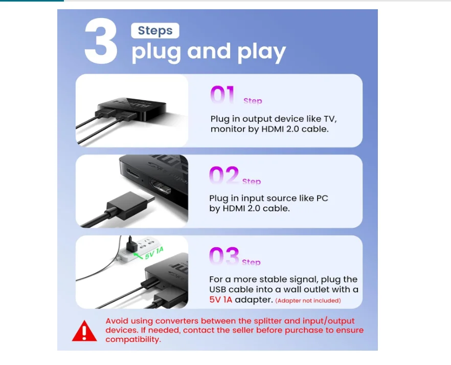 hdmi splitter 1 in 2 out 4k for dual monitors