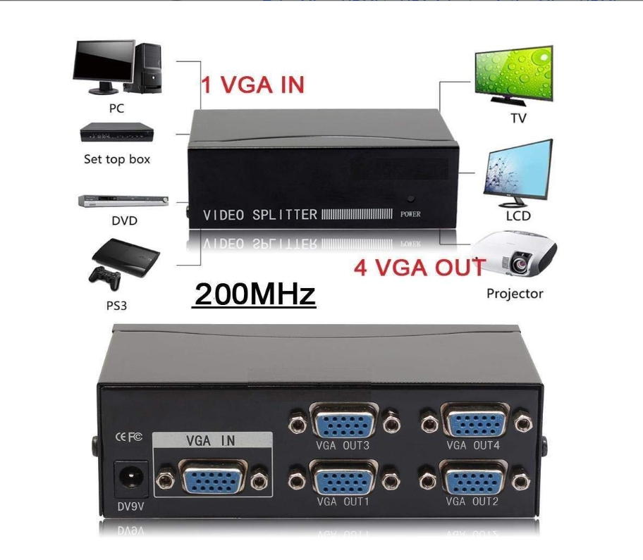 Technotech 4 Port VGA Splitter 200MHz VGA Video Splitter for Monitor and Projector