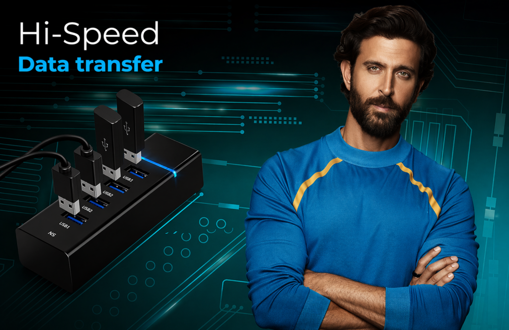 Premium USB 3.0 Hub 4-Port 5Gbps SuperSpeed with Blue LED, Fuse Protection & 1.2M Cable Technotech Technologies