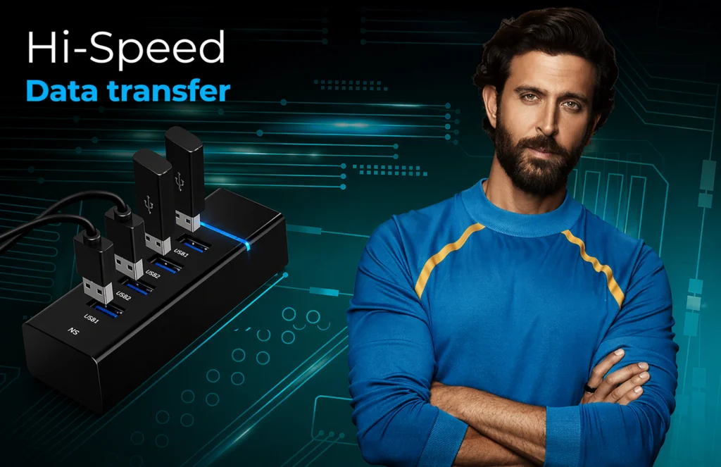 Premium USB 3.0 Hub 4-Port 5Gbps SuperSpeed with Blue LED, Fuse Protection & 1.2M Cable Technotech Technologies
