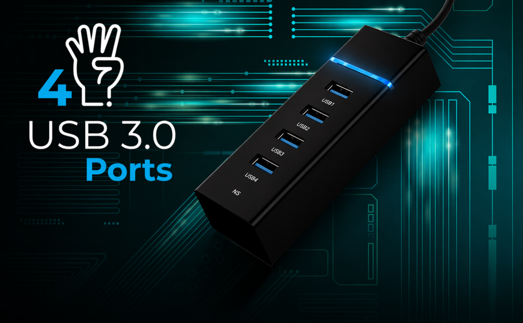 Premium USB 3.0 Hub 4-Port 5Gbps SuperSpeed with Blue LED, Fuse Protection & 1.2M Cable Technotech Technologies